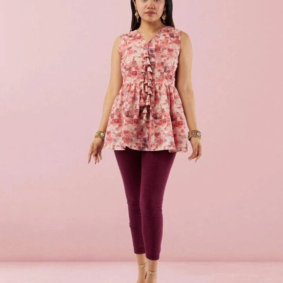 White and Red Printed Short Top with Latkans | Muvvas Boutique - Picture 2 of 5